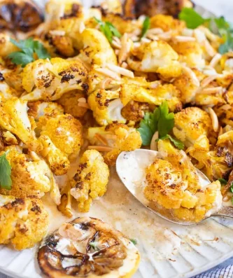 Cauliflower, Tahini Lemon Cream, Toasted Almonds