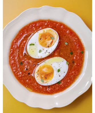 Cold Tomato and Bread Soup with Boiled Egg