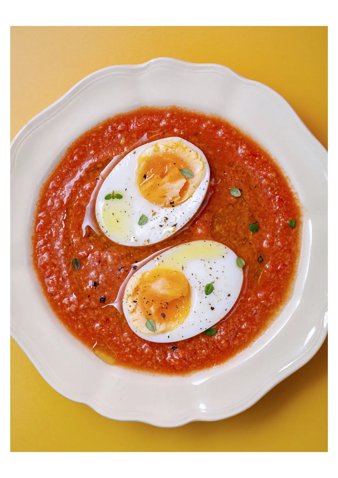 Cold Tomato and Bread Soup with Boiled Egg