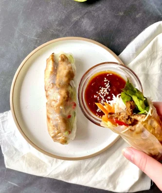 Lemongrass Chicken Rice Paper Rolls with Spicy Peanut Hoisin Dipping Sauce